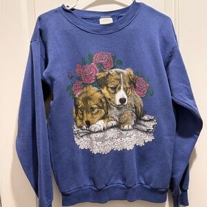 Cotton Grove Blue Crewneck Sweatshirt with Puppy & Roses